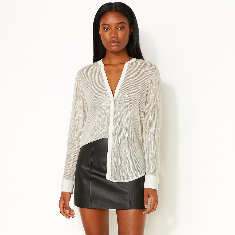 White House Black Market Light Grey Sheer Sequined Blouse with Camisole NWT L